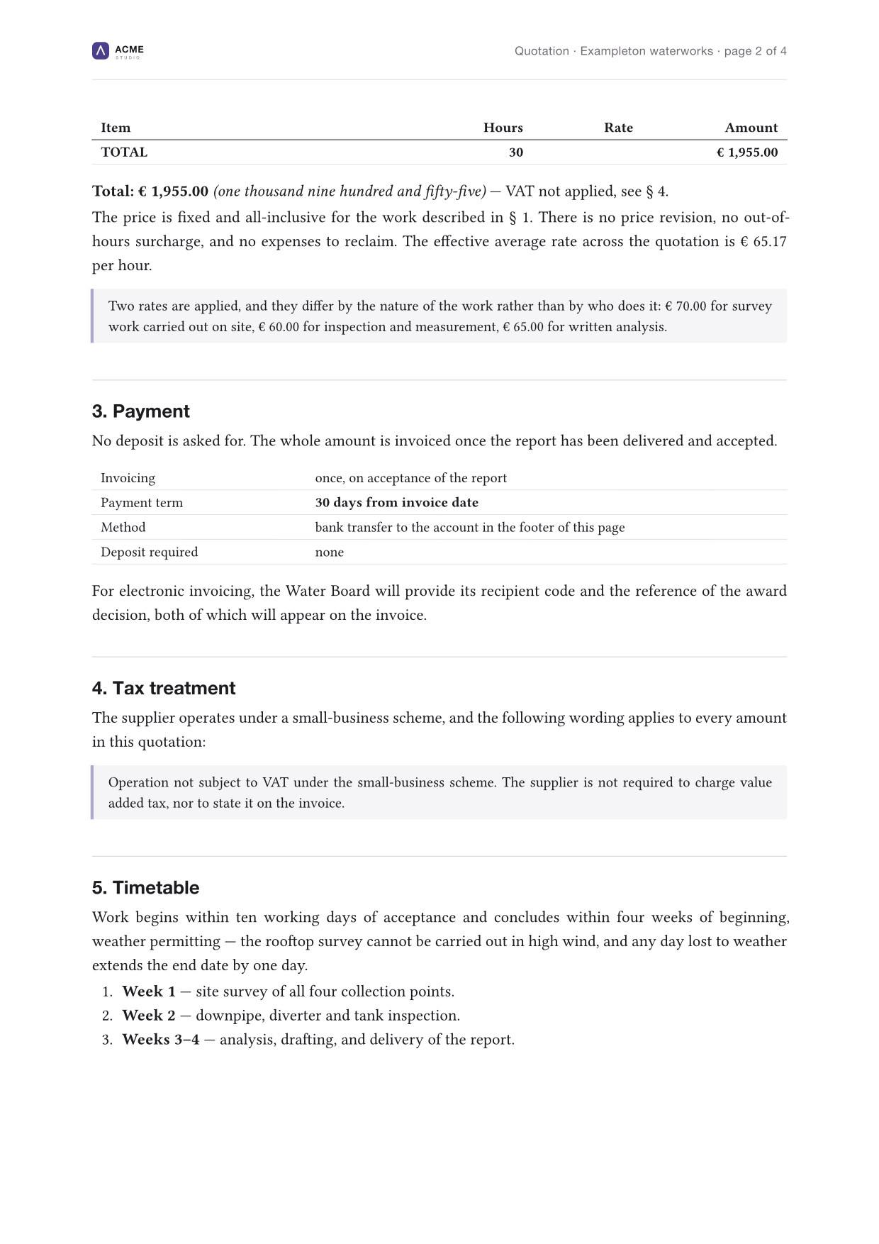 An inner page showing the reduced running header — small logo, title and page number — above justified body text, a tinted block quotation, a table and a numbered list.